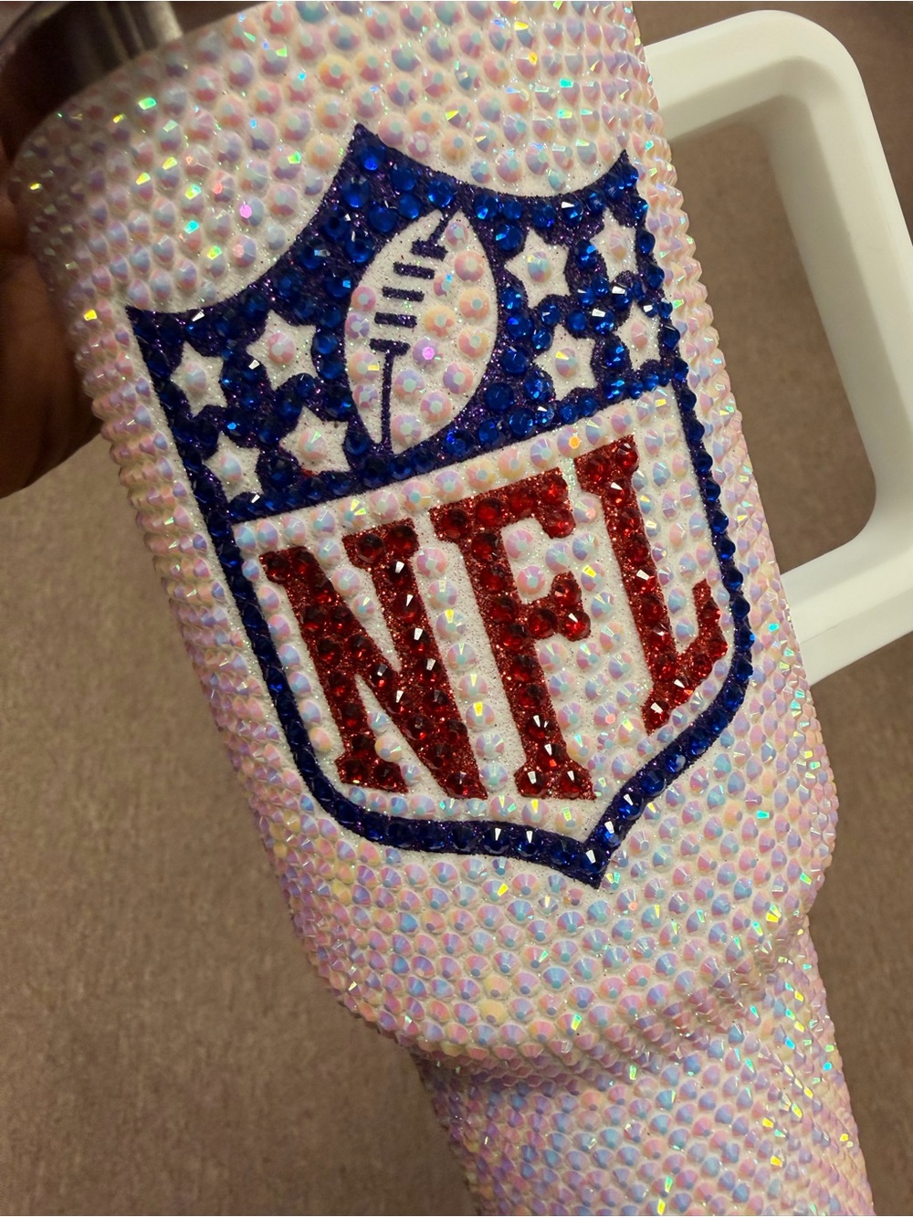 NFL Kids Iridescent Pink Rhinestone Travel Mug with Red & Blue Logo